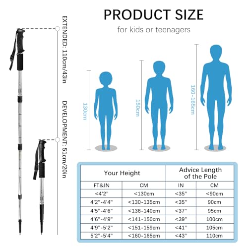 Ynaize 2 Pack Hiking Poles for Junior, Nordic Walking Trekking Pole Hiking Sticks Lightweight Collapsible & Shock-Absorben...