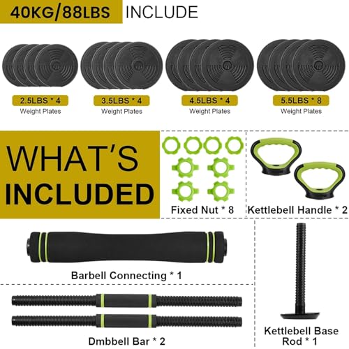 4-In-1 Adjustable Dumbbell Set with Connector(44/66/88LBS), Converts to Dumbbells, Barbells, Kettlebells & Push Up Stand, ...