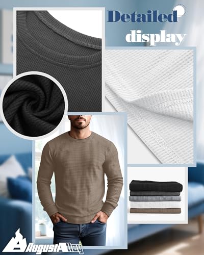 August Alley 5 Pack Thermal Waffle Shirts for Men, Crew Neck Long Sleeve Casual Pullover Underwear Textured Knit Tops