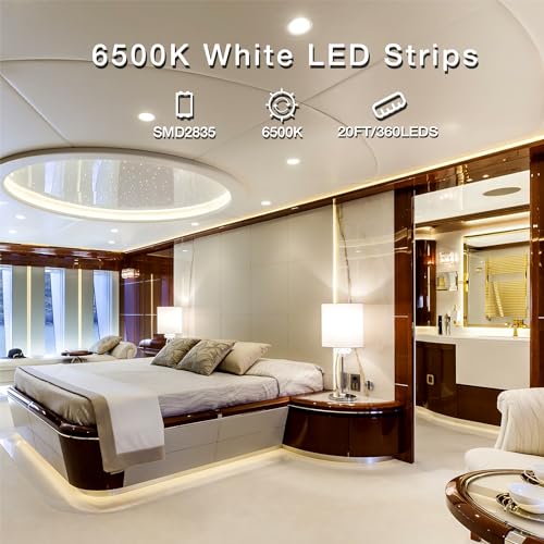 DAYBETTER White LED Strip Light, 20 ft Dimmable Bright Rope Lighting, 6500K 24V Strips, 360 LEDs 2835 Tape Lights for Bedr...