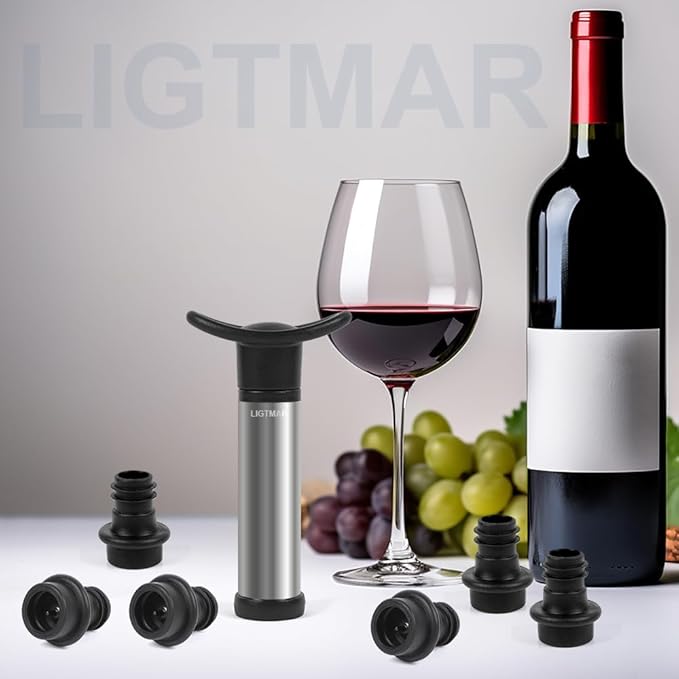 Upgraded LIGTMAR Wine Saver Pump with 6 Vacuum Wine Stoppers, Wine Bottle Preserver Keep Wine Fresh, Food Grade Silicone Wine Corks Fit Any Wine Bottles