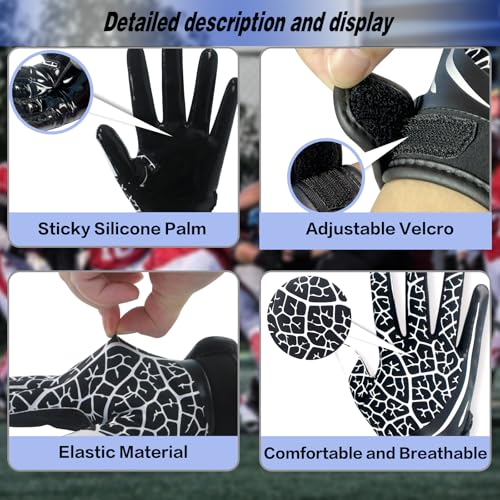 GOWISDOM Youth Football Receiver Gloves, Kids Silicone Grip Football Gloves for Boys Girls with Super Stick