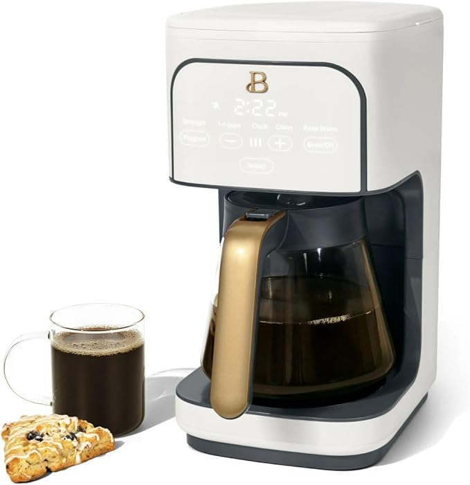Beautiful 12-Cup Programmable Coffee Maker by Drew Barrymore, Touch-Activated Display, Auto Brew 24hr Timer, Regular/Gourmet/Bold Strength Options, Auto Clean & Keep Warm – Matte Finish (White Icing)