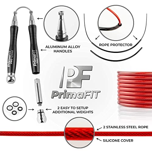PrimaFIT Jump Rope Pro Speed Skipping Rope Adjustable Adult Jumping Rope Weighted Aluminium Handles for Double Dutch Boxin...