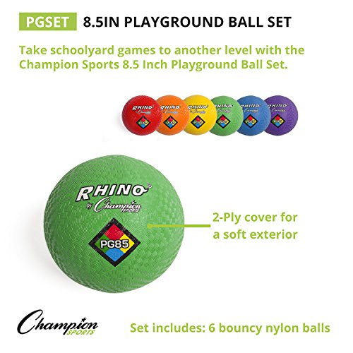 Champion Sports Rhino Playground Ball Set, 8.5"D -Two-Ply, Nylon Wound - Set of 6 Colors