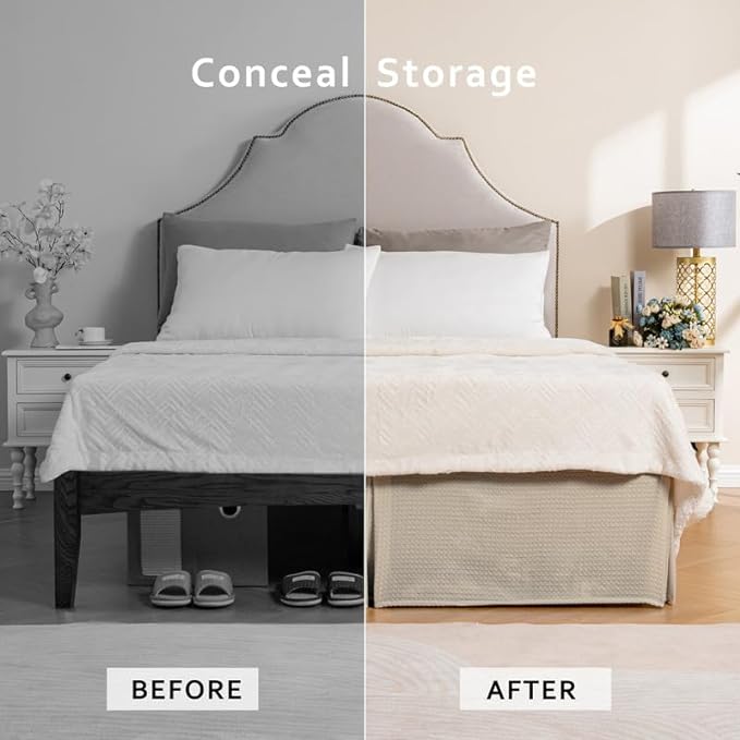 MIYE Pleated Waffle Weave Bed Skirt, Tailored Dust Ruffle 18 Inch Drop Easy Fit, Machine Washable (Navy Blue, Twin - 18" Drop)