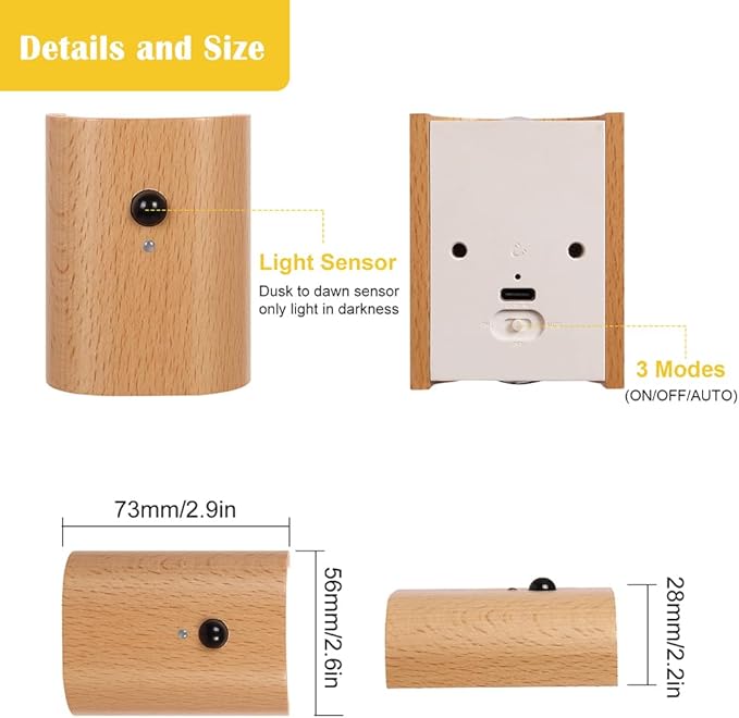 LANDGOO Wooden LED Step Lights Wall Lamp, 2700-3000K Motion Sensor Night Lights, Rechargeable Stair Lights for Hallway Indoor Lighting(White Ash Wood 2PCS)