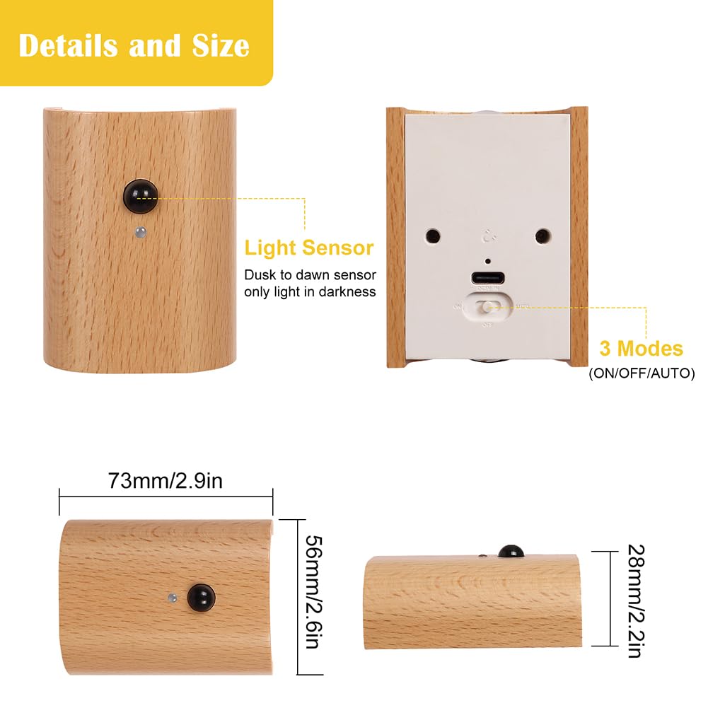 Landgoo Wooden Led Step Lights Wall Lamp  2700-3000K Motion Sensor Night Lights  Rechargeable Stair Lights For Hallway Indoor Lighting(White Ash Wood 2Pcs)