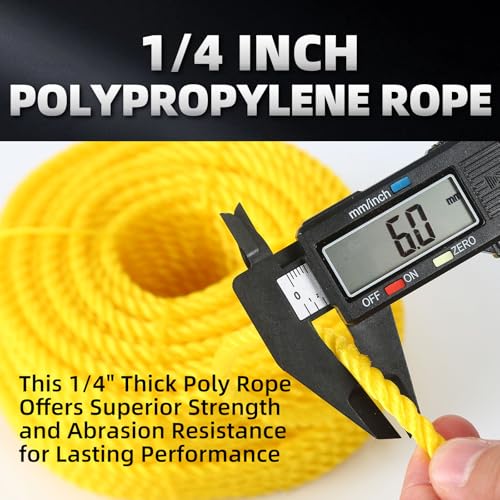 Polypropylene Rope - Bright Yellow, 1/4" x 100ft - All-Purpose Utility Rope for Marine, Outdoor, and DIY