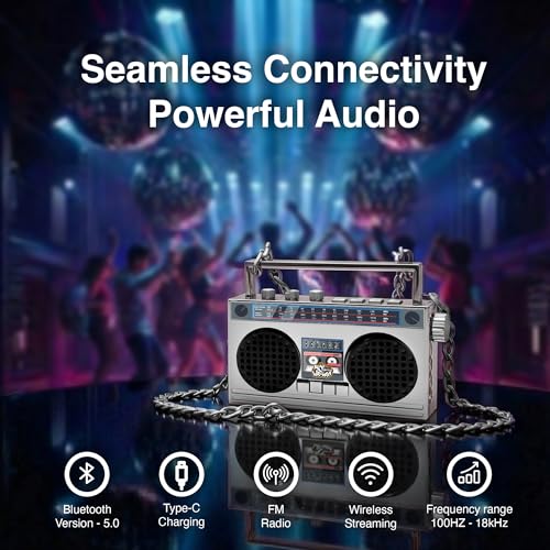 Portable Bluetooth Speakers, Retro Speakers Bluetooth Wireless Wearable Mini Bluetooth Boombox with 27” Neck Chain, FM Rad...