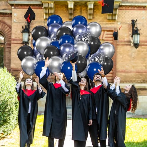 60pcs Blue and Black Balloon, 12" Navy Metallic Blue & Silver Confetti Balloons for 2025 Graduation, Father’s Day, Birthda...