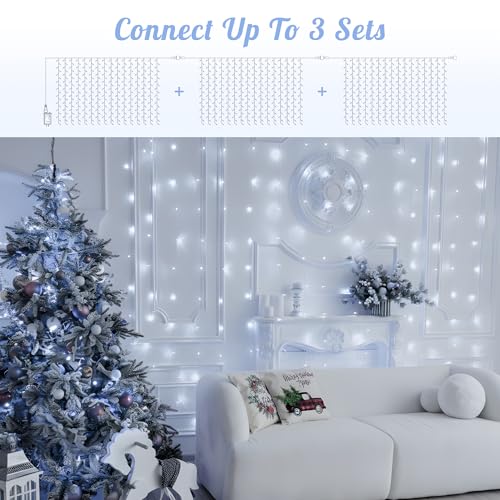 HEYFUNi 304 LED Curtain Lights Outdoor, 9.8Ft*9.8Ft Hanging String Lights Plug in with 8 Modes, Connectable Curtain Fairy ...