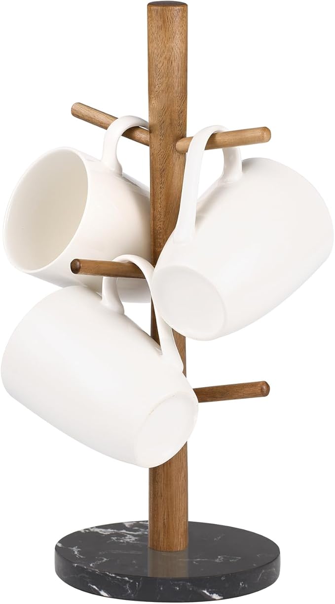Buruis Mug Holder, Acacia Wood & Marble Base, 6 Hooks Kitchen Countertop Coffee Tea Cups Organizer