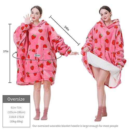 Aemicion Strawberry Blanket Hoodie,Oversized Sherpa Wearable Hooded Blanket,Warm Cozy Sweatshirt Gifts for Women Girls Adult
