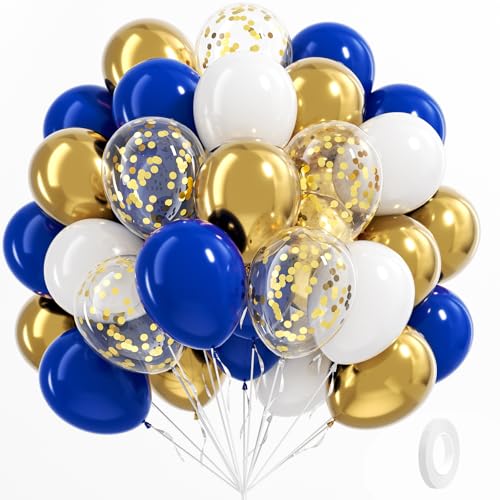 BAUANOOY Royal Blue Gold White balloons, 60pcs 12 Inch Navy Blue Metallic Gold Confetti Balloon for Wedding Graduation Bab...