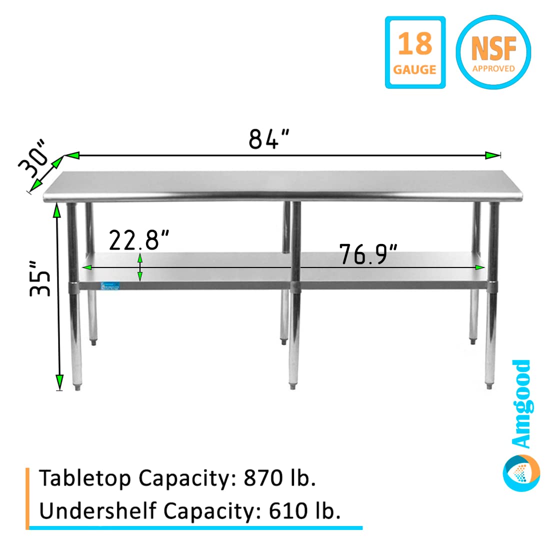 AmGood 30 in. x 84 in. Stainless Steel Work Table | Metal Kitchen Food Prep Table | NSF