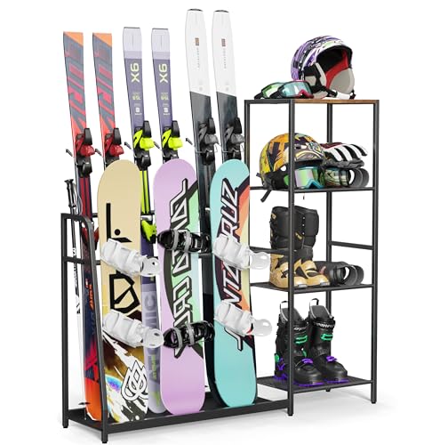 Lurgno Freestanding Snowboard Rack - 4 Pair Ski, 3 Pack Snowboard, Boot, Pole, Goggles, Helmet Rack for Garage, Shed, Base...