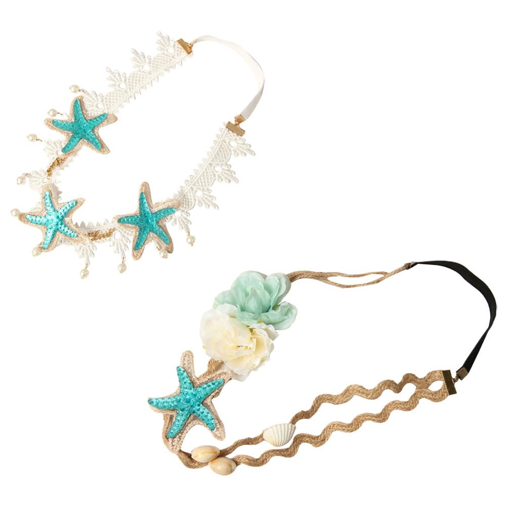Mermaid Headband Women Mermaid Sea Star Starfish Hairbands Seashell Lace Headbands 2Pcs Elastic Flowers Forehead Hairband Mermai