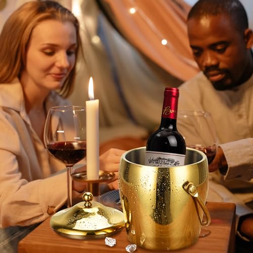 Ice Bucket Champagne Bucket with Tongs Scoop Lid, Double Wall Wine Bar Freezer Ice Bucket with Stand & Carrying Handle, St...