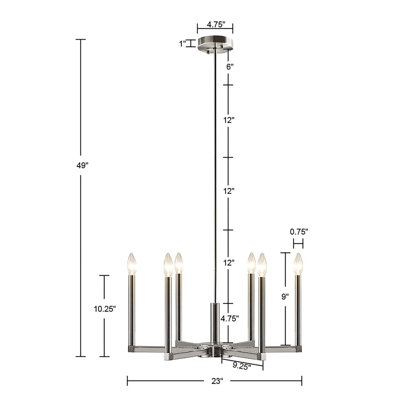 INK+IVY Renzetti Chandelier, Adjustable Rod Ceiling Light, 6 Bulbs, Iron, Silver, 23inDia x 13.25inH-49inH, Model II150