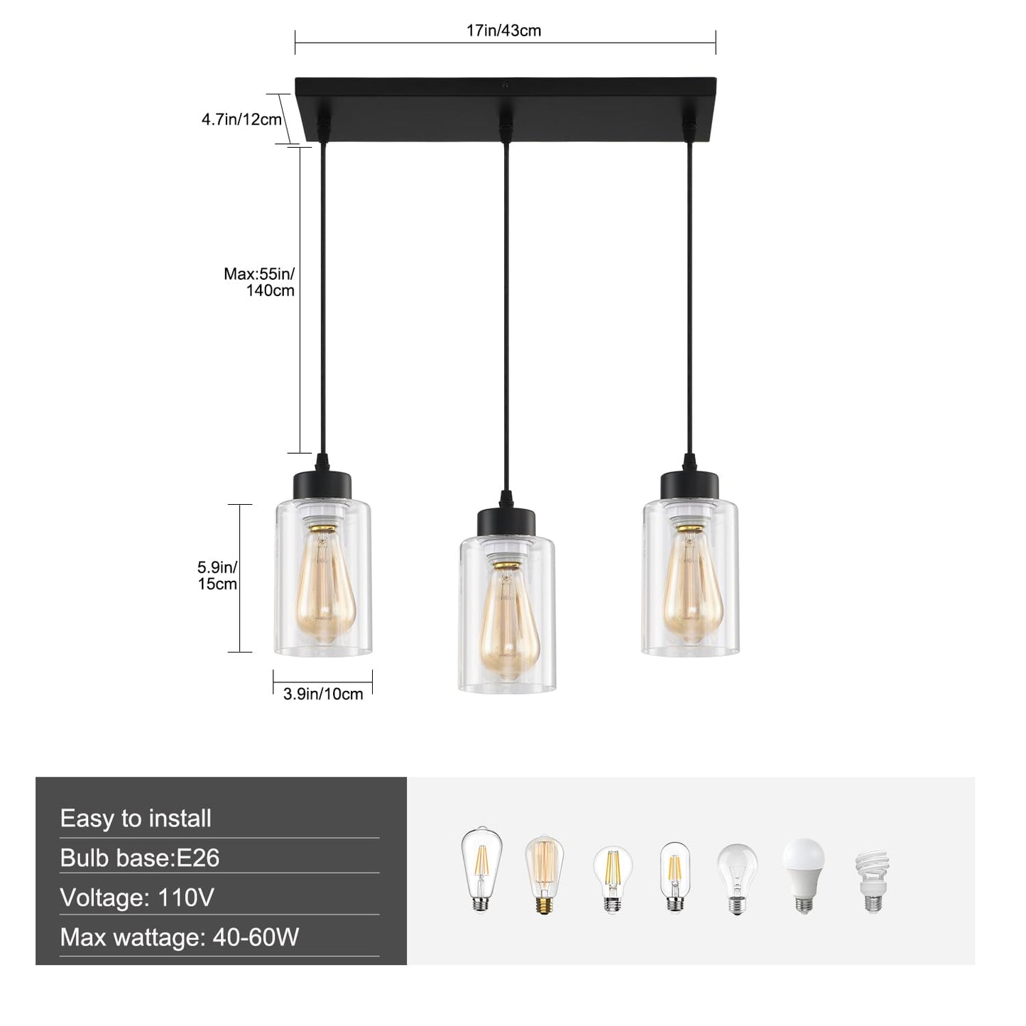 Cafulam Black Chandelier Farmhouse Light Fixtures Over Table  Dining Room Light Fixture Kitchen Island Lighting Chandeliers Modern Pendant Light With Clear Glass Shade Industrial Hanging Lighting