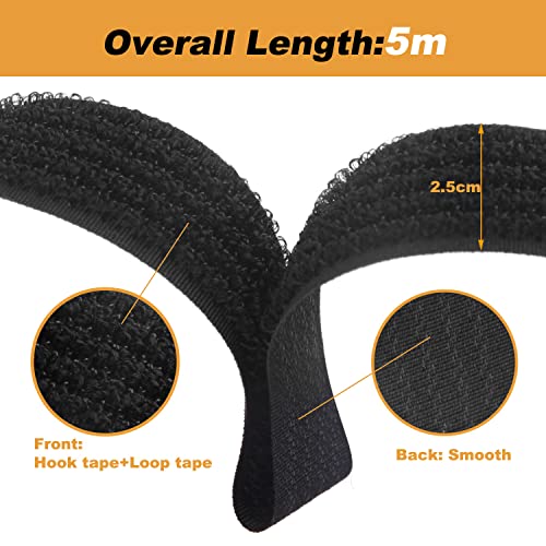 WSZJINB 16Ft x 1In Adjustable Cable Straps with 25 Buckles, Free Cut Length, Black Reusable Fastening Cable Ties, Hook and...