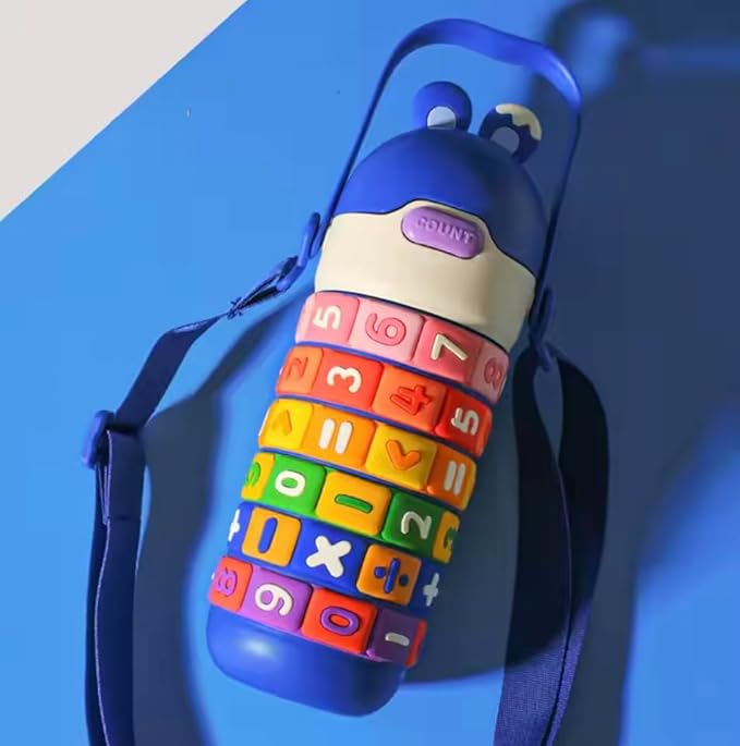 Kids Premium 14 oz Math Water Bottle with Silicone Spout, Leak-Proof Locking Flip Lid, Carrying Strap, Educational, Fun, Learning, Puzzle, Insulated, Stainless Steel Thermos, Sensory, Fidget. (Blue)