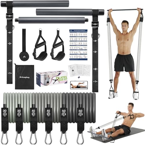 Upgraded Pilates Bar Kit with Resistance Bands Natural Latex for Women & Men, Heavy-Duty Stainless Steel Multifunctional Y...