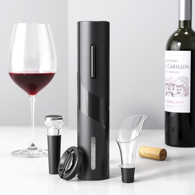 Electric Corkscrew Set with Battery, Drip-free Pourer, Wine Vacuum Stopper, and Foil Cutter, Gift Set, Black (SET USB)