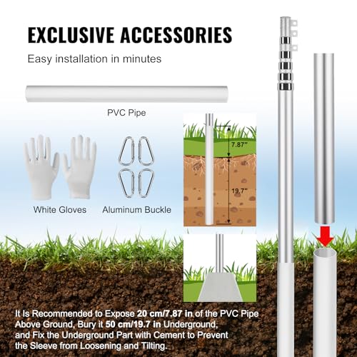 VEVOR 30FT Telescoping Flag Pole Kit, Heavy Duty Aluminum Alloy in Ground Flag Poles for Outside, 3 Display Modes Flagpole...