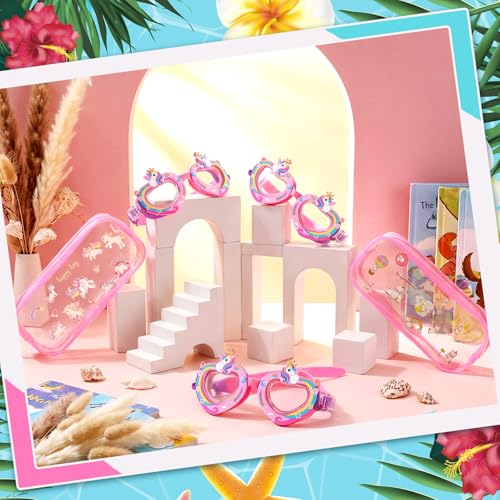 Kingdder 3 Set Unicorn Swim Goggles for Girls Aged 4-12 Swim Goggles with Stickers and Pink Cases, Anti-fog, UV Protectio...