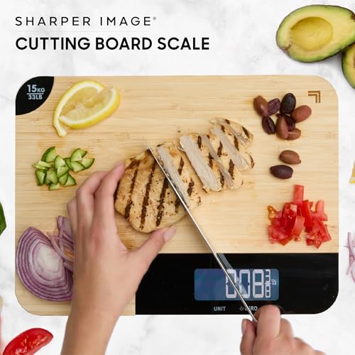 Sharper Image Bamboo Cutting Board & Digital Food Scale, 33 lb Capacity, Measures Grams & Ounces, Multi-Functional for Foo...