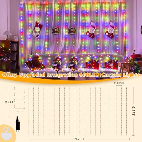 Ollny Curtain Lights 600LED 19.7ft x 9.8ft, IP67 Waterproof Outdoor Curtain Rice Lights with Remote, Plug-in Untangle Fair...
