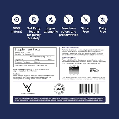 Active H2+ Chromax – Hydrogen Water Tablets with Chromium – Supports Metabolism and Energy – Molecular Hydrogen and Chromi...
