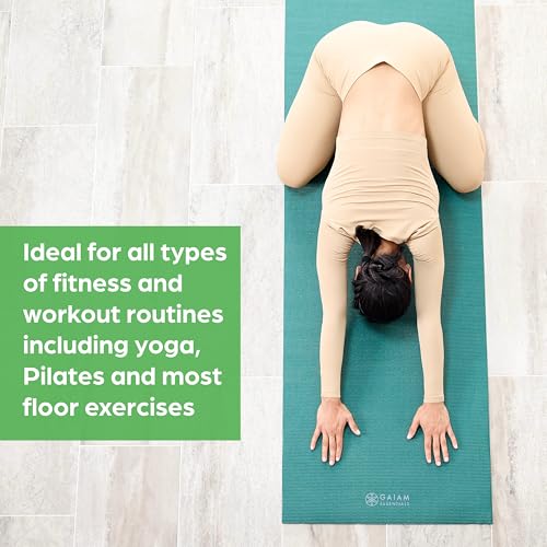Gaiam Essentials 1/4" Thin (6mm) Yoga & Pilates, Fitness & Exercise Mat with Easy-Cinch Carrier Strap Cusion Support For F...