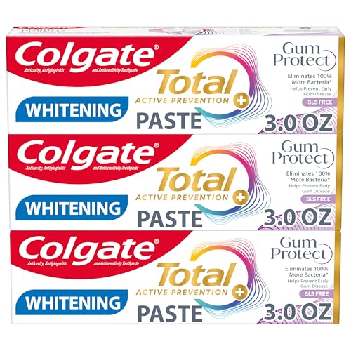 Colgate Total Active Prevention Gum Protect Whitening Toothpaste, 3 Pack, SLS Free Gingivitis Toothpaste for Bleeding Gum...