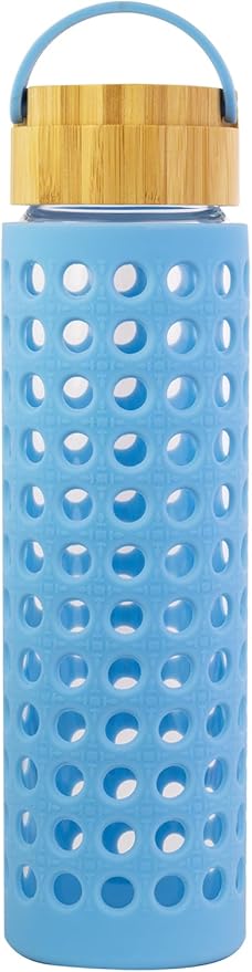 Lilly Pulitzer Glass Water Bottle with Silicone Sleeve, 20 oz Cute Water Bottle for Women, Glass Bottle with Lid and Non Slip Silicone Wrap, Blue Caning