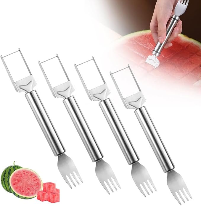 Kruggo Upgraded 2-in-1 Stainless Steel Fruit Cutter, 2024 New Watermelon Fork Slicer Cutter Slicer Tool, Dual Head Fruit Forks Slicer Knife with Round Handle (4 PCS)