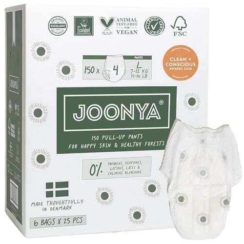 Joonya Pull-Up Pants Baby Diapers, Size 4 L (15-26 lb) - 6 Bags of 25 (150) - Non Toxic, Eco-Friendly, High Absorbency, Ov...