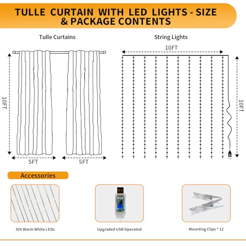 EaziCozi Sage Green Tulle Backdrop Curtain with Lights String - 10x10ft Sheer Backdrop with 300 LEDs for Wedding, Baby Sho...