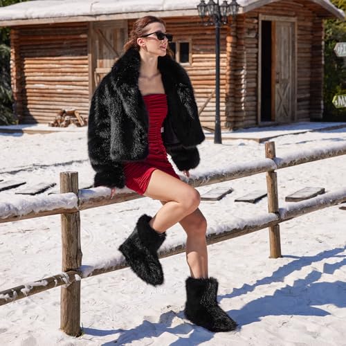 QLR Faux Fur Boots for Women Furry Fuzzy Fluffy Boots Round Toe Mid-Calf Winter Snow Boots Comfortable Outdoor Flat Shoes