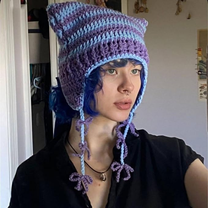 Cat Beanie Beanies Y2k Beanie Knit Hat Grunge Goth y2k Accessories Crochet Hats for Women (Black Green-A)