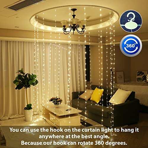 HXWEIYE 300LED Fairy Curtain Lights, 9.8x9.8Ft USB Plug-in 8 Modes Christmas String Hanging Lights with Remote for Bedroom...