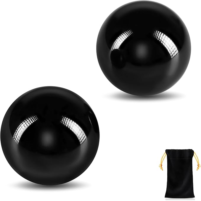 Learay 2 Pcs Black Obsidian Baoding Balls, Chinese Health Exercise Massage Balls with Carry Pouch for Stress Relief Hand E...
