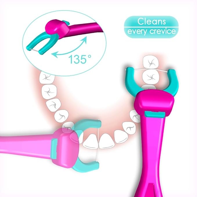 T.Smile Kids Evolutionary Clean Dental Flosser Kit, Child-Sized Handle & Refills, Fluoride Free, for Ages 3+, (Green Handle + 120 Biodegradable Refills)