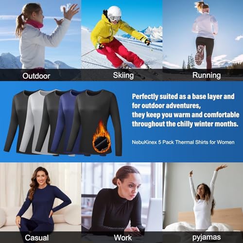 NebuKinex 5 Pack Long Sleeve Thermal Shirts for Women Ultra Soft Fleece-Lined Crew Neck Workout Baselayer Tops