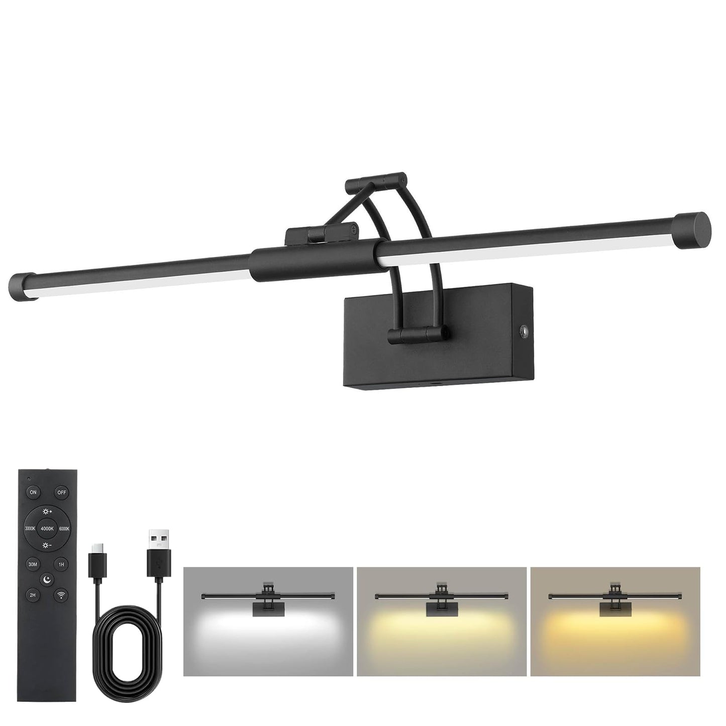 24 Picture Lights For Wall Battery Operated  Wireless Picture Lights With Remote  Rechargeable Wall Light 3000K/4000K/6000K Dimmable  Art Lighting For discomfort-reducingtings Frame Gallery Dartboard Light  Black