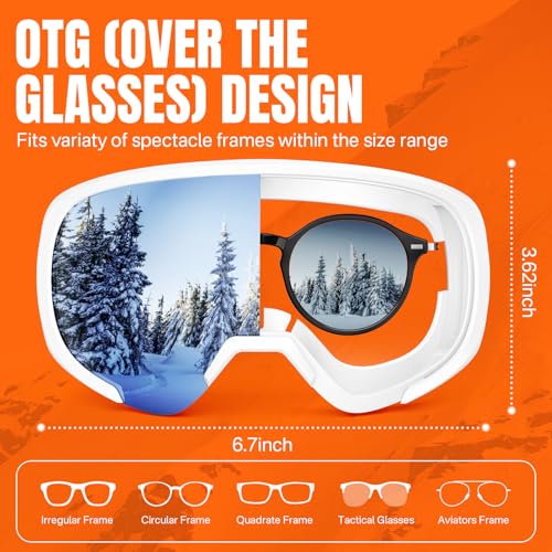 RAYTICE OTG Ski Goggles for Men Women, 100% UV400 Protection Snow Goggles, Anti Fog Snowboard Goggles for Snowmobile Skiing