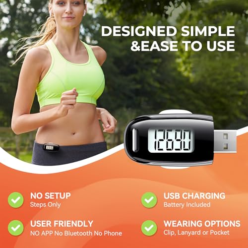 3D Pedometer for Walking, Simple Walking Step Counter with Removable Clip and Strap, USB Rechargeable Step Tracker with Ba...