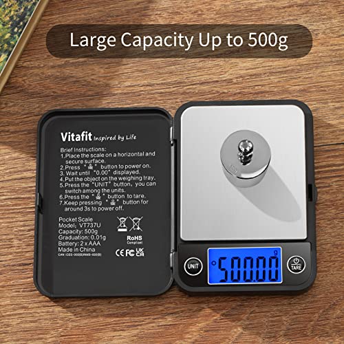 Vitafit 500g Digital Pocket Scale,High Accuracy Assured by Scale Professional Factory Since 2001, Gram Scale 0.01g for Mul...